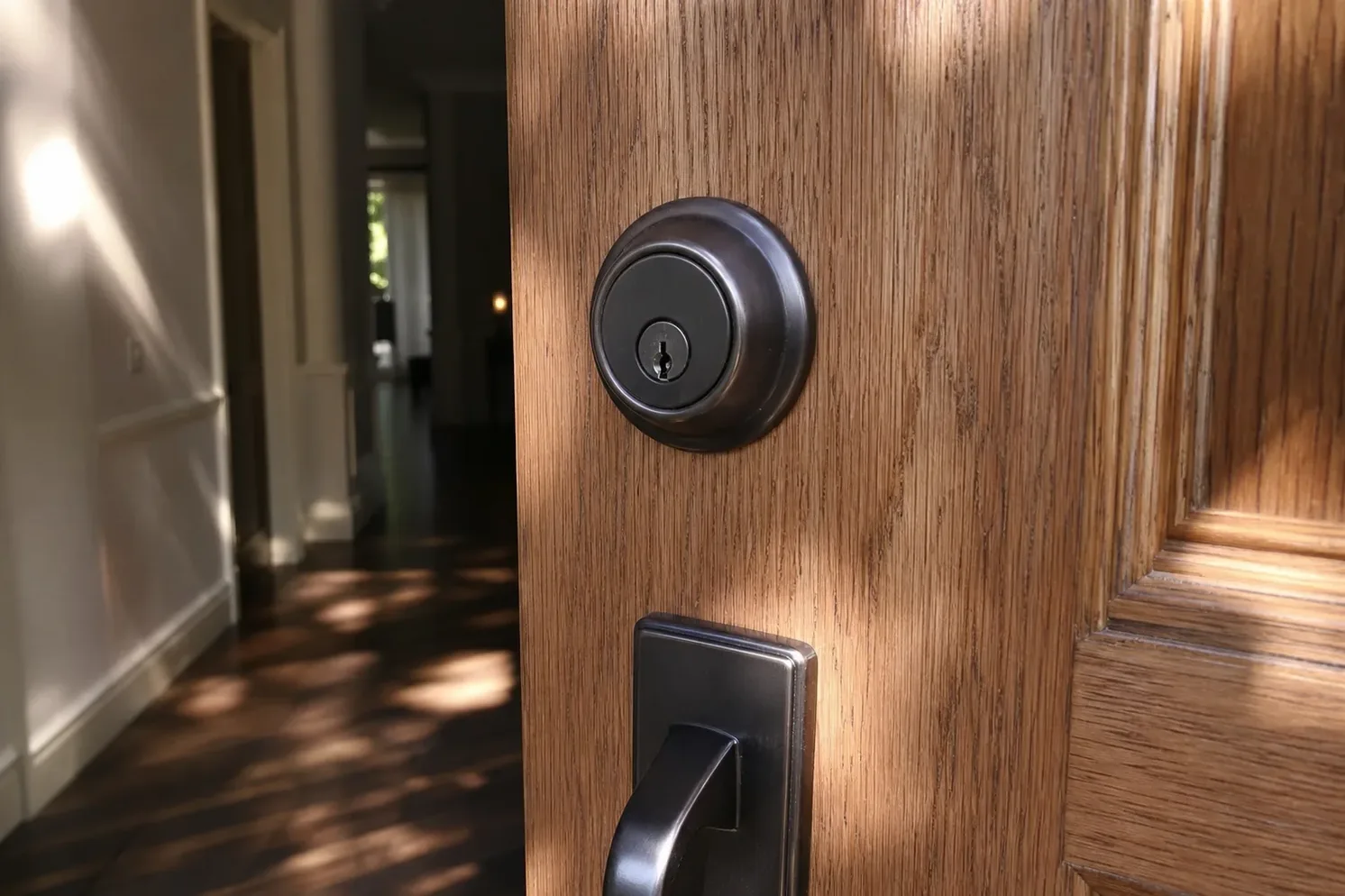 New deadbolt being installed in a front door, Greenville, SC